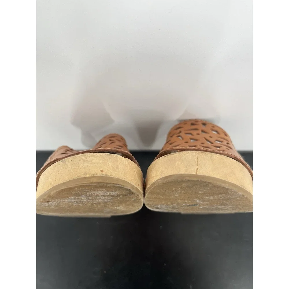 Y2K Vintage Wedge Sandals 5 Tan Leather Chunky Platform Wooden Block Heel Cutout